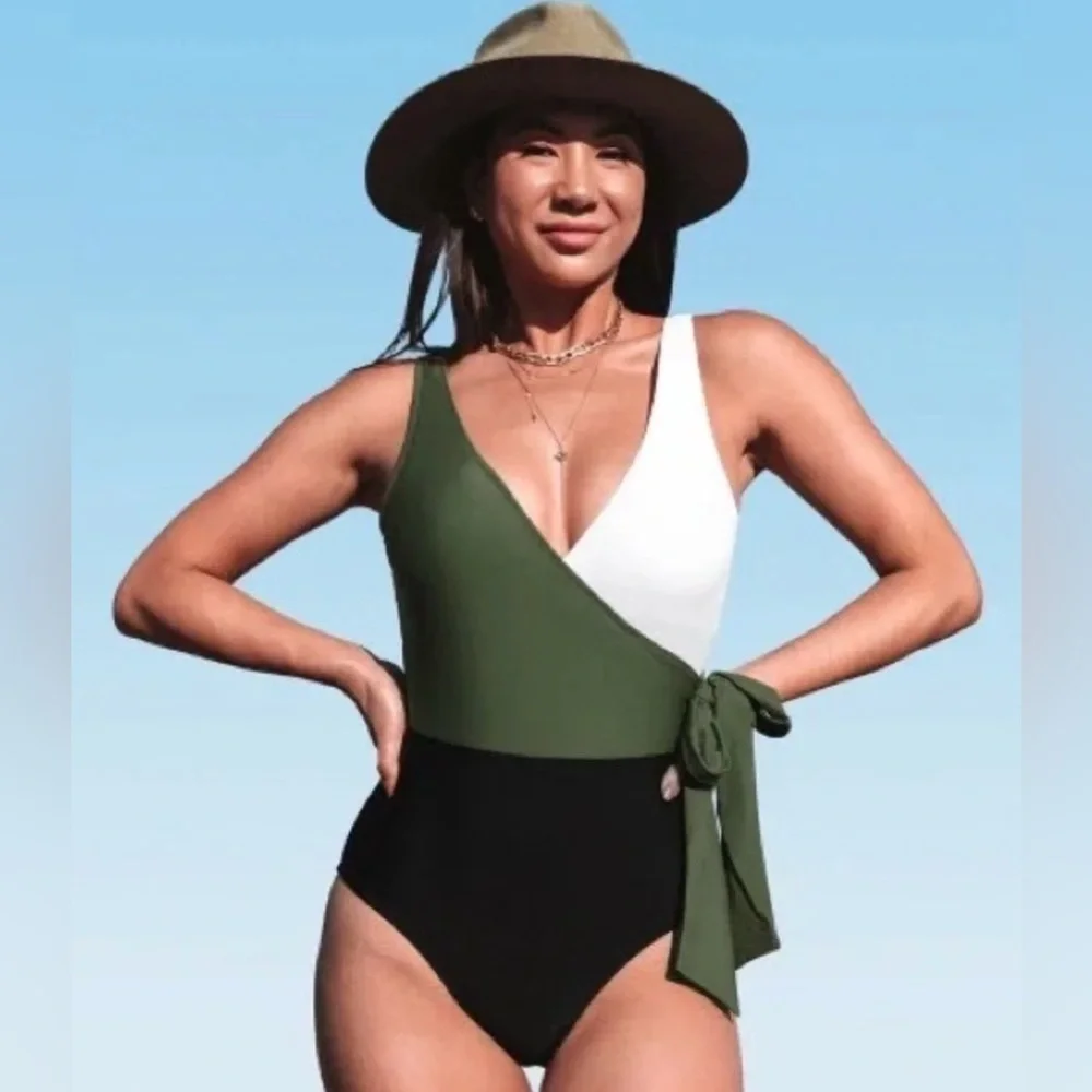 Cupshe Olive and Black Wrap Colorblock Swimsuit - XL